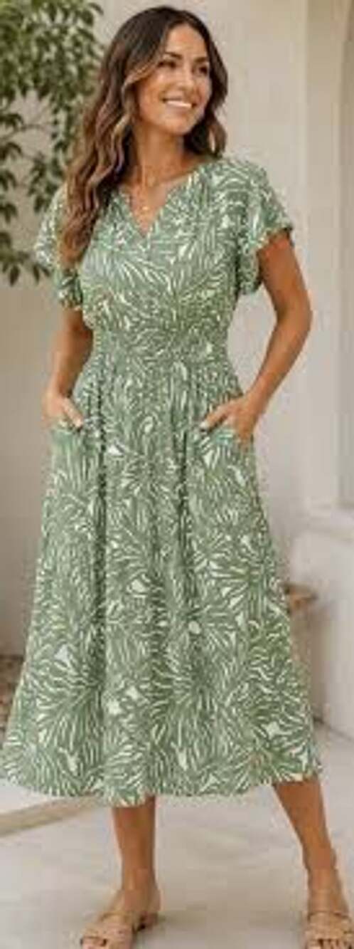 Nicole Miller New York Midi Dress Size L Green Leaf Print Smocked